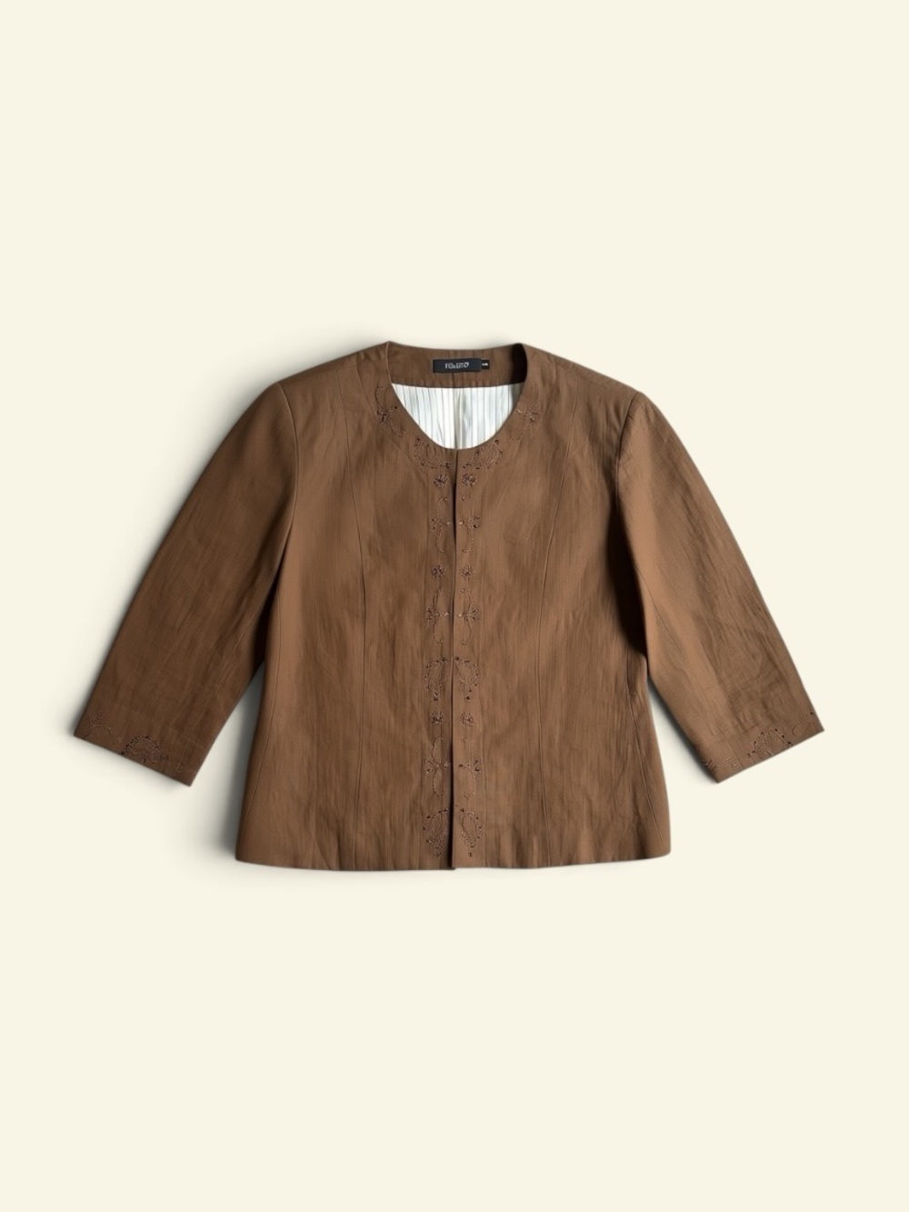 VTG Foley's Brown Linen Beaded Jacket Embroidered Y2K Boho 3/4 Sleeve Size 15/36